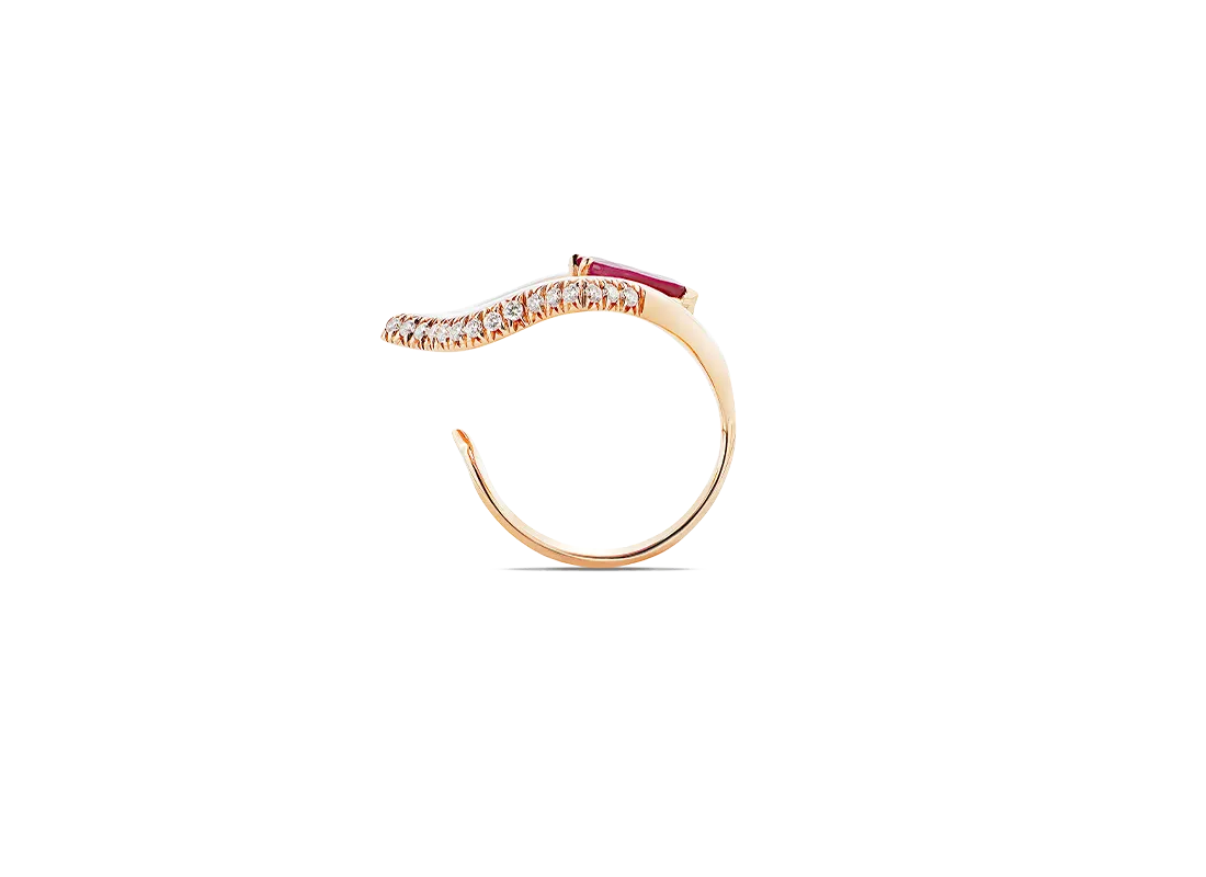 Anello anime rock, oro rosa, smaltatura bianca, rubino e diamanti | ELENÈRE – vista 5