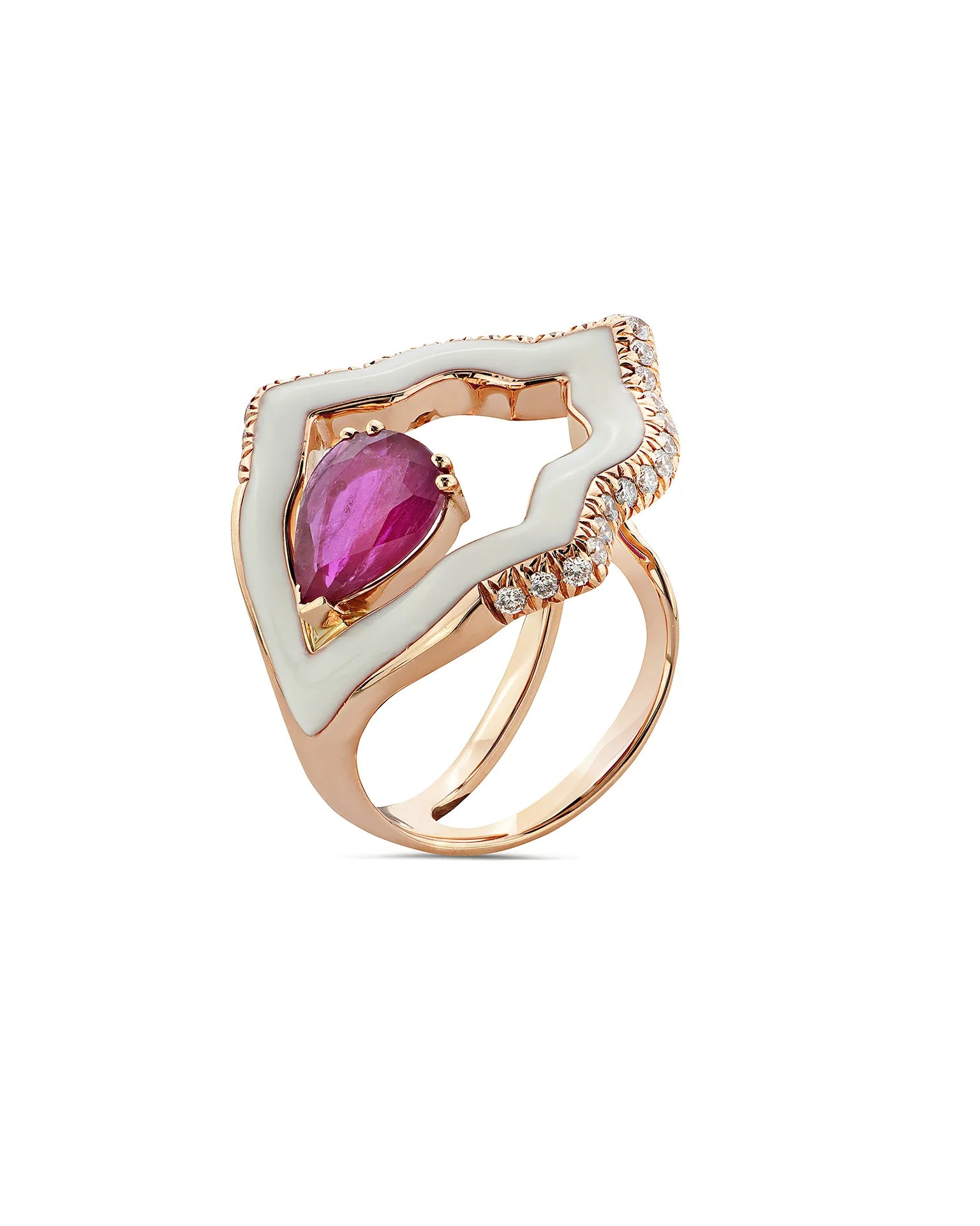 Anello anime rock, oro rosa, smaltatura bianca, rubino e diamanti | ELENÈRE – vista 4