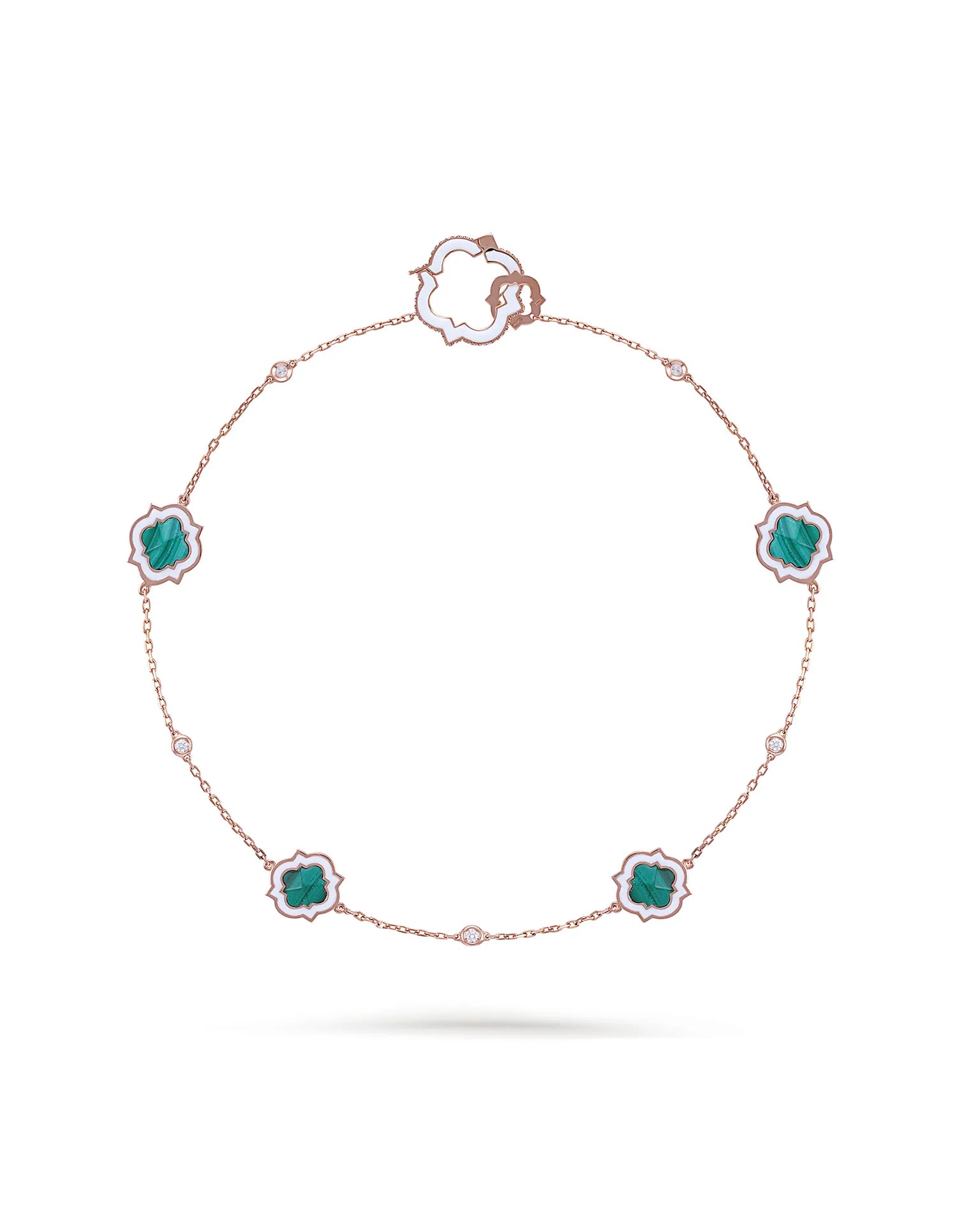 Collana anime corta, oro rosa, smaltatura bianca, malachite e diamanti | ELENÈRE