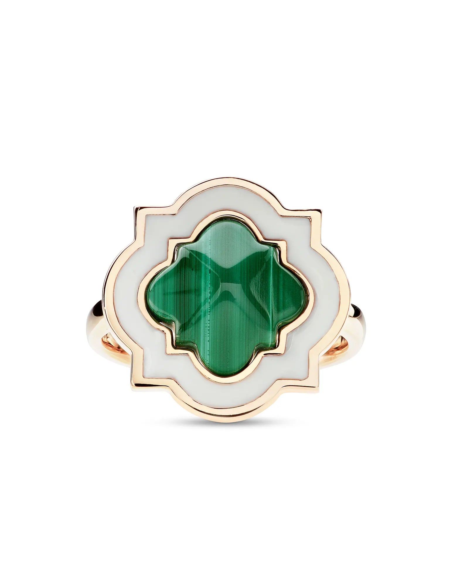 Anello anime, oro rosa, smaltatura bianca e malachite | ELENÈRE
