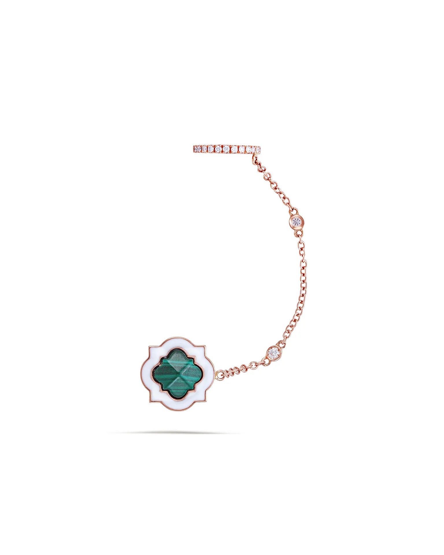 Earcuff anime, oro rosa, smaltatura bianca, malachite e diamanti | ELENÈRE
