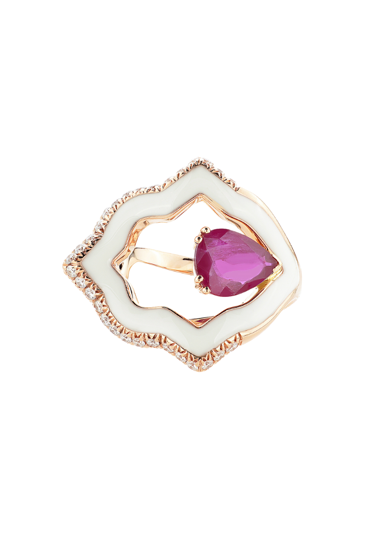 Anello anime rock, oro rosa, smaltatura bianca, rubino e diamanti | ELENÈRE
